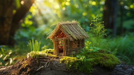 A miniature straw house sits on a mossy log, surrounded by greenery, with sunlight filtering through the trees, creating an enchanting forest scene.