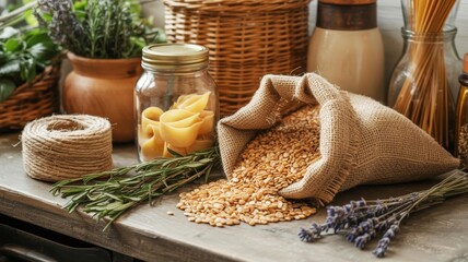 A rustic kitchen scene featuring a burlap sack of grains, a jar of pasta, herbs, lavender, and woven baskets, creating a cozy, natural ambiance.