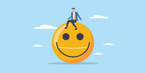 Businessman sitting on a giant happy face symbol