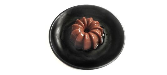 Chocolate Pudding Dessert Dish on a Black Plate. Food Photography Presentation. Isolated on White Background