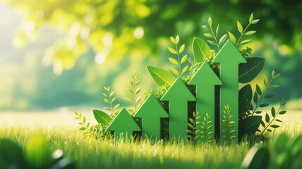 A vibrant green growth concept with upward arrows surrounded by lush foliage, symbolizing prosperity and environmental sustainability.