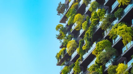A modern building featuring lush greenery on balconies, showcasing a blend of architecture and nature against a clear blue sky.