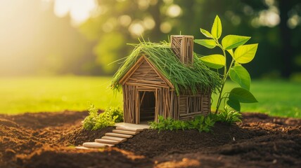 A miniature house made of twigs and grass is set in soil, surrounded by greenery, symbolizing harmony with nature.