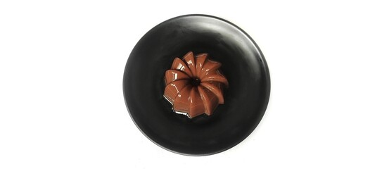 Chocolate Pudding Dessert Dish on a Black Plate. Food Photography Presentation. Isolated on White Background