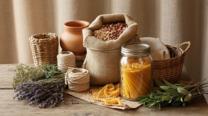 A rustic arrangement featuring various grains, dried herbs, and woven baskets on a wooden surface, evoking a natural and organic aesthetic.