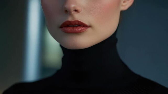 A close-up shot of a woman wearing a black turtle neck sweater, possibly for formal or professional occasion