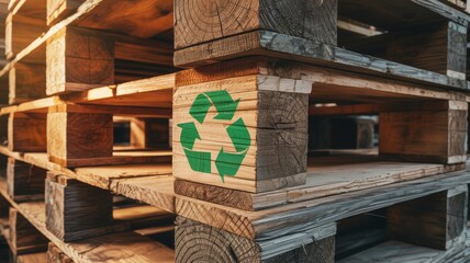 A stack of wooden pallets featuring a green recycling symbol, highlighting sustainability and eco-friendliness in industrial settings.