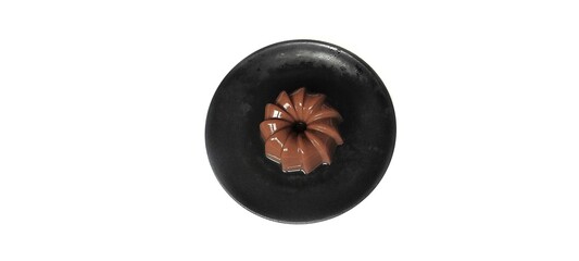 Chocolate Pudding Dessert Dish on a Black Plate. Food Photography Presentation. Isolated on White Background