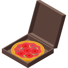 Isometric Pizza Box Open With A Whole Pizza Inside Featuring Tomato And Olive Toppings On A Transparent Background