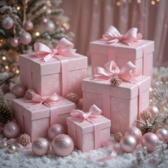 Pink Gift Boxes With Bows on Clear Background.