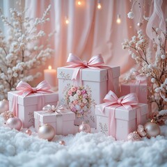 Pink Gift Boxes With Bows on Clear Background.