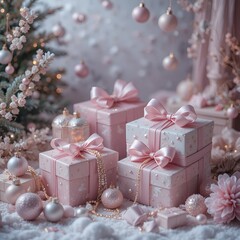 Pink Gift Boxes With Bows on Clear Background.