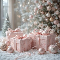 Pink Gift Boxes With Bows on Clear Background.
