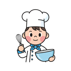 Cartoon illustration of a chef holding a bowl and whisk, wearing a chef's hat and blue bow tie, with rosy cheeks and a friendly smile.