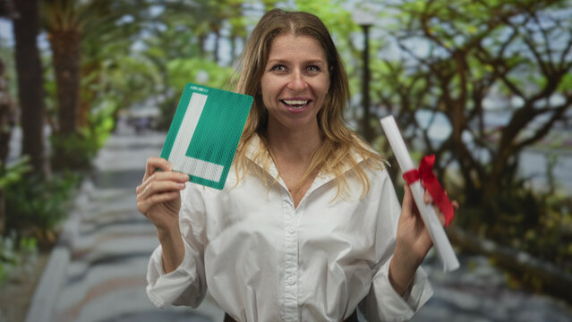 Woman holds learner plate and rolled certificate, smiles and points the certificate toward camera on street; new driver pride celebration.