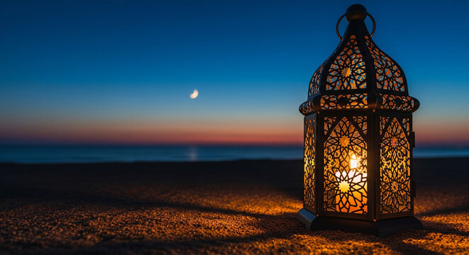 Serene spiritual scene featuring illuminated lantern on calm shoreline with dramatic twilight clouds and sunset colors.