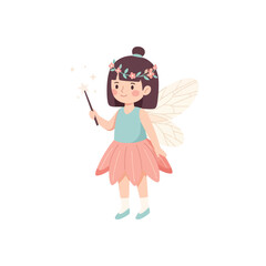Illustration of a cute fairy girl with wings, flower crown, and magic wand.