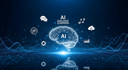 AI and Machine Learning Brain With Digital Network and Technology Icons on Blue Background