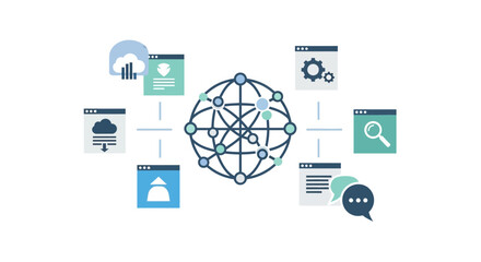 Global network connecting cloud services for streamlined digital transformation and data management, enhancing communication and search capabilities worldwide