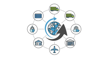 Efficient global logistics network showcasing worldwide supply chain solutions, featuring air cargo, shipping, and truck transport, ideal for business illustrations