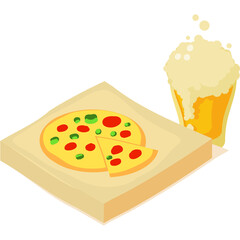 Isometric pizza slice and overflowing beer glass with foamy head on a light beige square base isolated on a white background in a studio setting