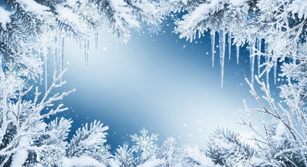 Snow and ice covered branches frame with blue background creating copy space