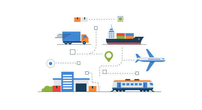Modern shipping and delivery solutions showing global logistics network, featuring truck, ship, airplane and train for fast, reliable distribution options