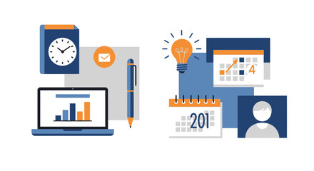 Strategic business planning icons for success, modern business growth concepts, time management, brainstorming, scheduling, organization, and teamwork