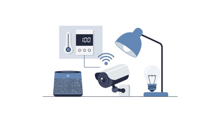 Smart home automation with thermostat, security camera, smart speaker, and lamp for a modern, connected lifestyle experience and energy efficiency