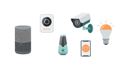 Smart home devices offer convenience and security, including speaker, camera, phone, and lighting for a modern, connected lifestyle