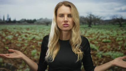 Fototapeta premium Blonde woman gesturing sarcastically with quotes in a green outdoor park setting, expressing irony and humor surrounded by nature's beauty.