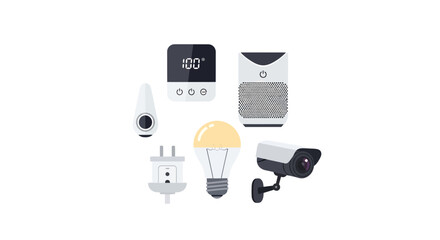 Smart home tech for modern living including security camera, smart plug, air purifier, thermostat, and bulb, ideal for automation and safety systems