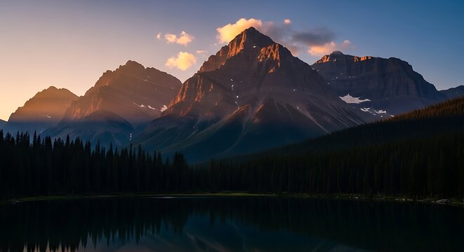 Majestic mountain range silhouetted at sunset with lake reflections and dramatic lighting
