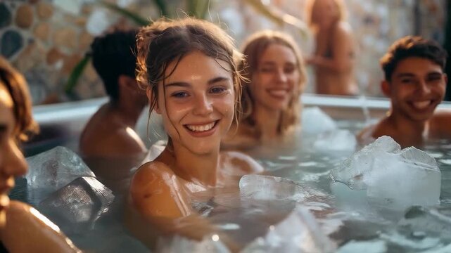 The joyful faces of young people in a hot tub with ice cubes convey the contrast in temperatures, creating a vivid backdrop for advertising spas and wellness treatments.
