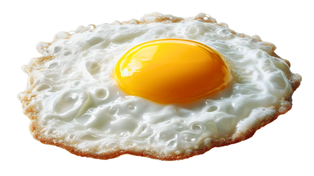 A single fried egg sunny side up, a crispy morning breakfast meal, a yellow yolk protein source, a cooked food ingredient, a tasty nutrition concept.