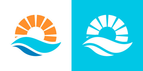 ocean and sun logo.  sun logo with sea wave vector design 