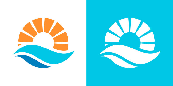 ocean and sun logo.  sun logo with sea wave vector design 