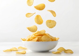 Rippled potato chips cascade into a crunchy pile against a clean white backdrop. Individual crisps float mid air, salted and golden fried, ready to eat.