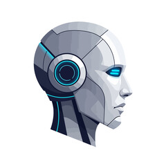 Illustration of a futuristic robot head with blue accents on a white background.