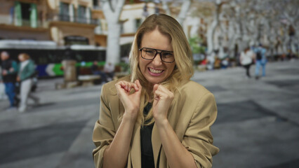 Fototapeta premium Woman with blonde hair smiling and gesturing on a busy city street with blurred people and buses in the background, capturing an outdoor urban scene.