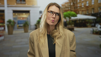Fototapeta premium Blonde woman making funny faces on a city street, wearing glasses and a beige jacket, with urban scenery in the background, showing a playful and cheerful attitude.