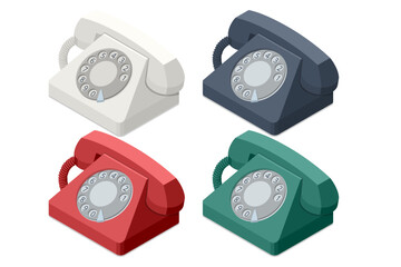 Isometric illustration of four vintage rotary telephones in different colors, showcasing classic retro communication devices in a clean minimal style