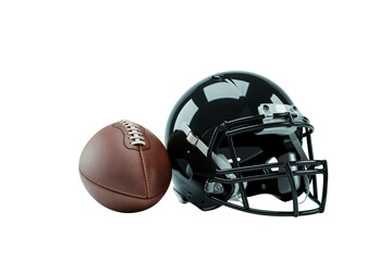 american football helmet with brown ball, sports helmet and football equipment