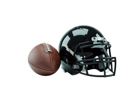 american football helmet with brown ball, sports helmet and football equipment