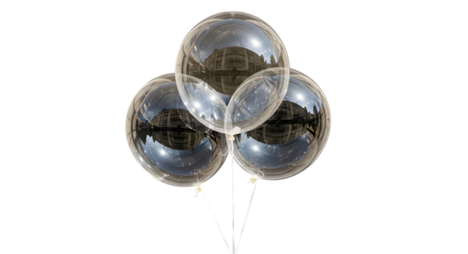 Transparent helium balloons with reflective metallic surfaces in a clean white studio

