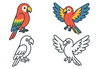 Obraz premium Adorable tropical macaw birds set featuring standing and flying poses in color and outline