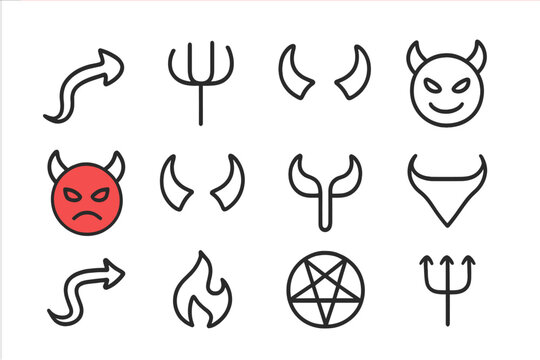 Devil symbols outline featuring horns, trident, pentagram, and expressive faces