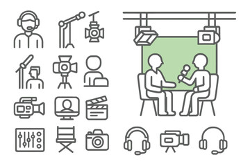 Line icons set for television broadcasting, film production, studio equipment, and media interviews