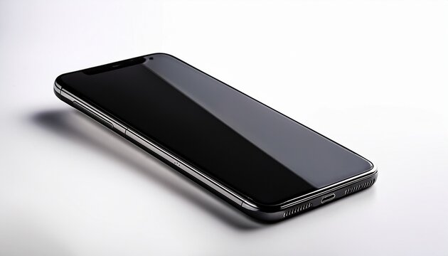 modern black smartphone mockup lying at an angle on white background