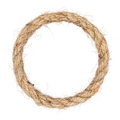 Natural jute rope twisted into a circular frame with rustic fibers and organic texture, isolated on white background